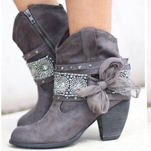 Not Rated SZ 7.5 Gray Work & Twerk Embellished Ankle Boot Western Boho Chic
